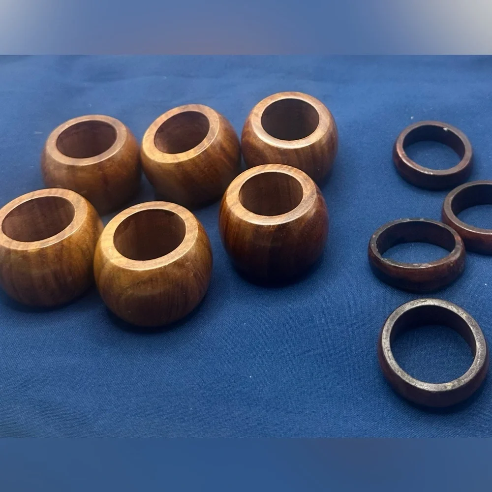 Vintage Mid-Century Modern Wooden Napkin Ring Set - 10 Piece